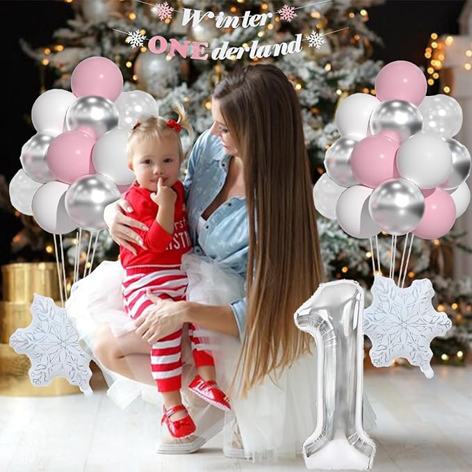 First Birthday Decorations For Girl-Girl Winter Onederland 1st Birthday, Pink White Snowflake Balloons, 40 Inch Silver 1 Balloon And Winter Onederland Banner For Baby Girl 1st BD Decorations