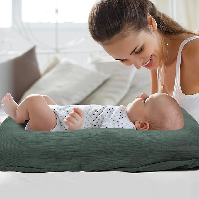 Baby Lounger for Newborn - Snuggle Cozy Me Lounger | Breathable Soft Cotton, 0-24 Months Portable Playtime Baby Nest, Newborn Baby Essentials Gifts- Moss (1 Lounger + 1 Cover)