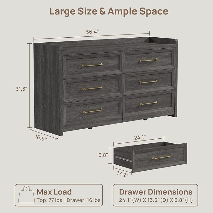 SICOTAS 6 Drawer Dresser for Bedroom-112.8" Extra-Wide Wooden Chest of Drawers with Large Storage, Long Dresser TV Stand with Drawers, Modern Closet Dressers for Nursery, Dark Grey Oak, 2PCS