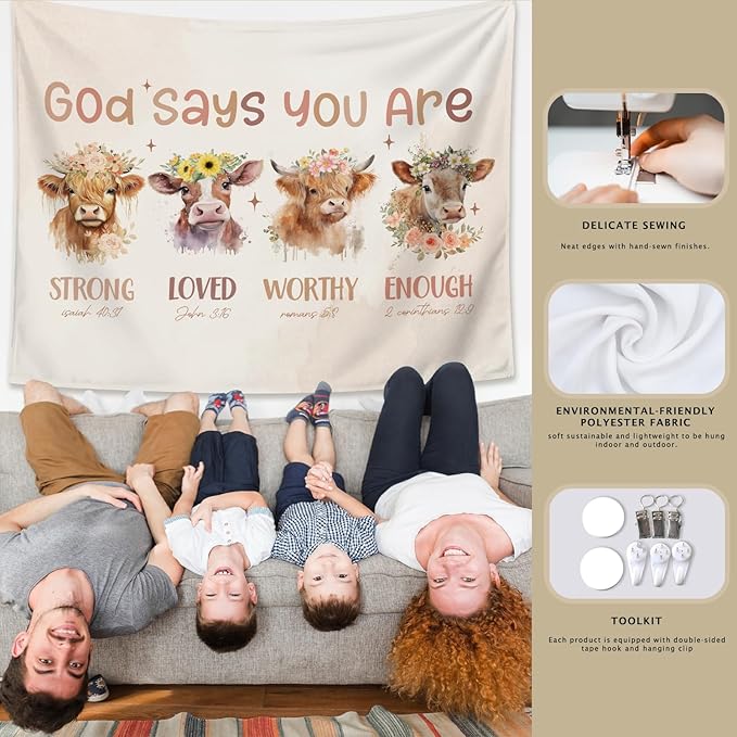 LIANGW Boho Highland Cow Christian Tapestry Wall Hanging for Nursery Decor, Inspirational Classroom Tapestries Aesthetic Boho Kids Room Decor for Bedroom Living Room Dorm, 50x60 inche