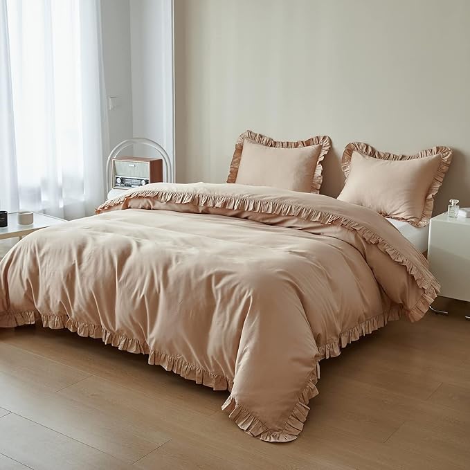Simple&Opulence Kids 100% Organic Cotton Twin Duvet Cover Ruffle 2Pcs(1 Comforter Cover 1 Pillowcase) Cute Lace Vintage Boho Shabby Chic Farmhouse Bedding Set Teen Girls(Sand, Twin)