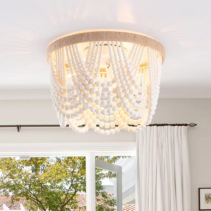VILUXY Bohemia Wood Beaded Flush Mount Ceiling Light Antique Rustic Mini Chandelier White Finishing for Bedroom,Nursery Room, Girl Room, Hallway, Entryway, Passway, Dining Room, 3-Light UL Listed