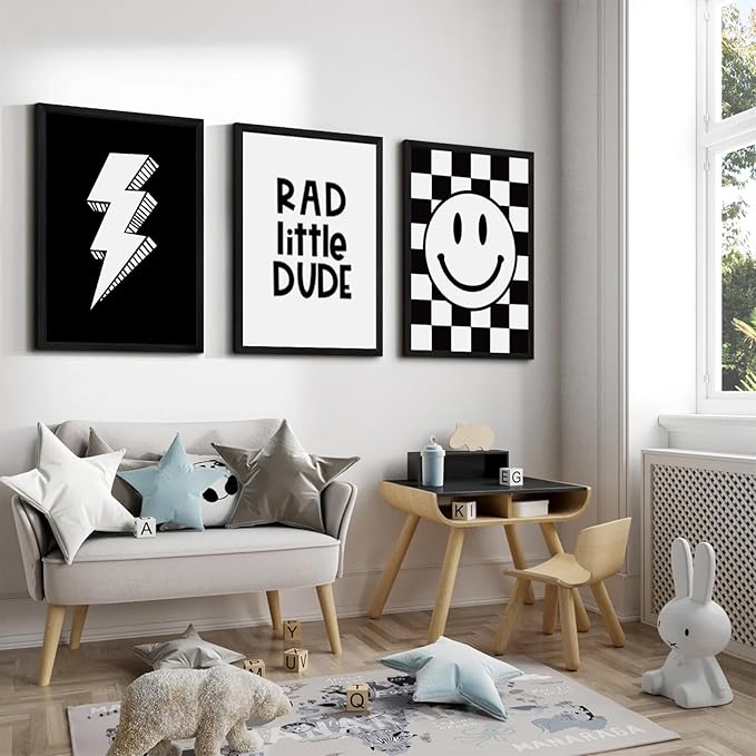 Boys Room Wall Art Decor Toddler Nursery Canvas Wall Art Baby Kids Wall Decor Black Checkered Smiley Poster Pictures Retro Playroom Rad Little Dud Art Prints for Bedroom 16x24x3 Inch Wood Framed
