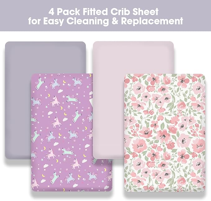 Little Grape Land Crib Sheets 4 Pack for Boys and Girls, Baby Neutral Crib Fitted Sheets for Standard Crib & Toddler Mattress, Super Soft Breathable Fitted Crib Sheet Set, Daliah & Unicorn
