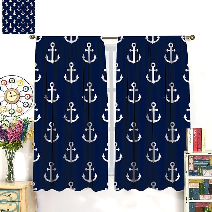 Nautical Costal Curtains,MarineThemed Oceanic Anchor Pattern Blackout Print Home Bedroom Living Room Window Treatments 2 Panel Set 52x84 Inch