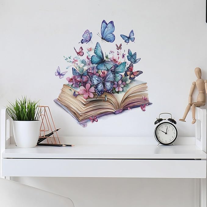 Magic Book Wall Decals Colorful Flower Butterfly Wall Stickers, Purple Butterflies Decoration for Girls & Boys Bedroom Removable Vinyl Peel and Stick for Living Room, Bathroom, Library