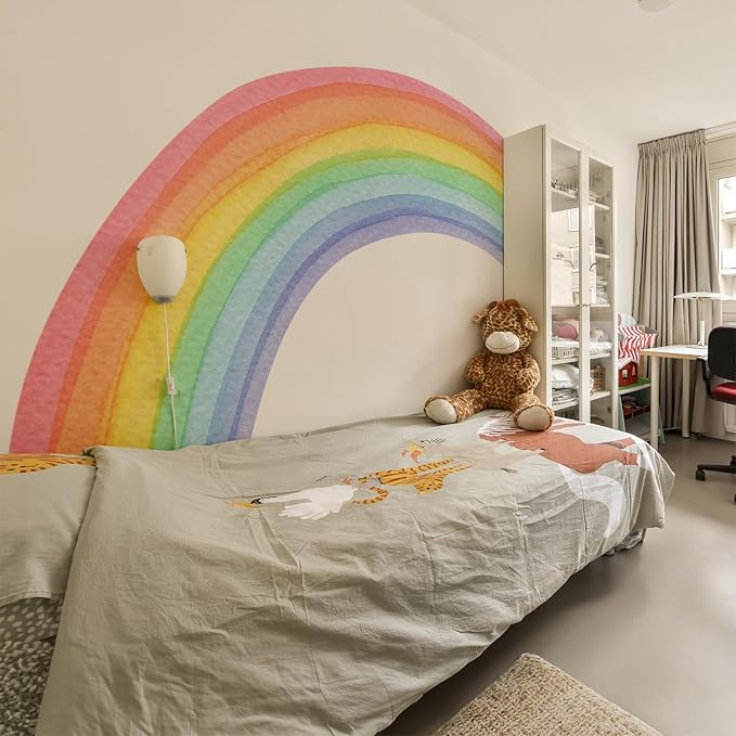 Watercolor Rainbow, Sun, Polka Dots Wall Decal for Kids Room, Nursery, Baby Room Decor, Polka Dots Mural, Rainbow Wallpaper (Rainbow, XXLarge)