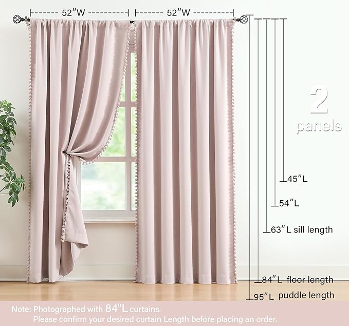 Treatmentex Pom Pom Curtains for Bedroom Pink Girls Room Blackout Window Drapes 63" Energy Efficient Thermal Insulated Living Room Darkening Curtain Panels 2pcs