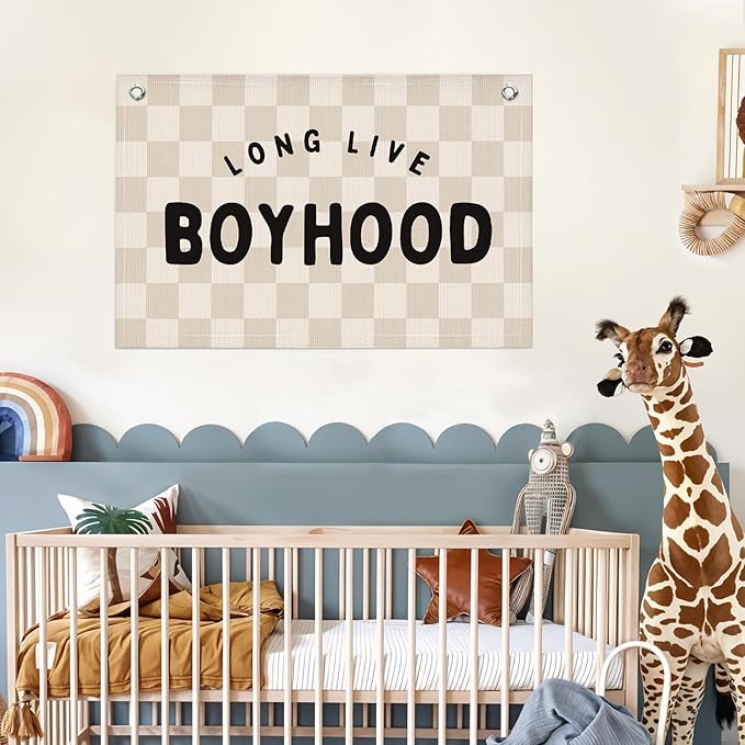 Lacama Long Live Boyhood Boys Room Decor, Linen Banner Wall Hanging Banner Flag Decor for Toddler Boy Room Nursery, Wall Hanging Flag 30x20 Inch
