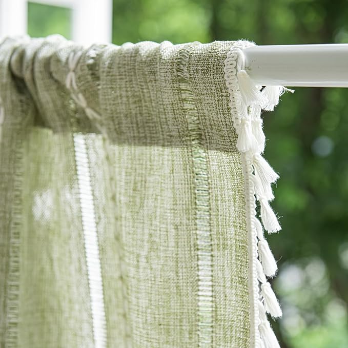 Deeprove Green Boho Curtain Valance for Cafe Kitchen Closet Doorway Decor, Sheer Bohemian Farmhouse Cotton Linen Short Panel French Tassel Trim Country Window Treatments Panel, W52 x L18, 1 Piece