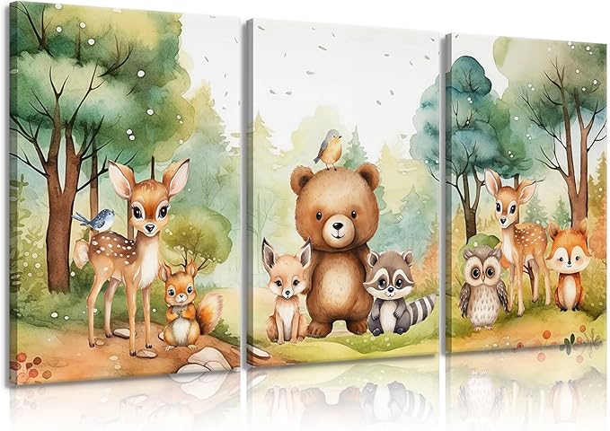 3Pcs Woodland Animal Nursery Wall Art Forest Animal Wall Decor Cute Watercolor Deer Bear Fox Poster Canvas Prints Paintings Pictures Artwork for Kids Baby Bedroom Decor Canvas 12X16in