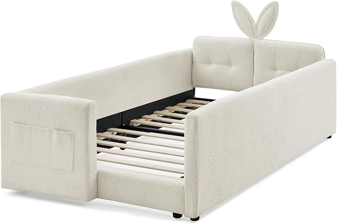 Twin Bed with Rails, Montessori Bed Frame for Toddlers, Boucle Upholstered Platform Bed with Rabbit Ear Headboard, for Kids & Teens, Beige