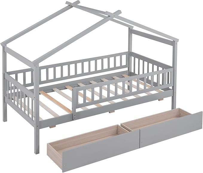 Merax Twin Size Wooden House Bed with Two Drawers, Wood Bed Frame with Roof and Safety Guardrail for Kids, Teens, Boys or Girls, Gray