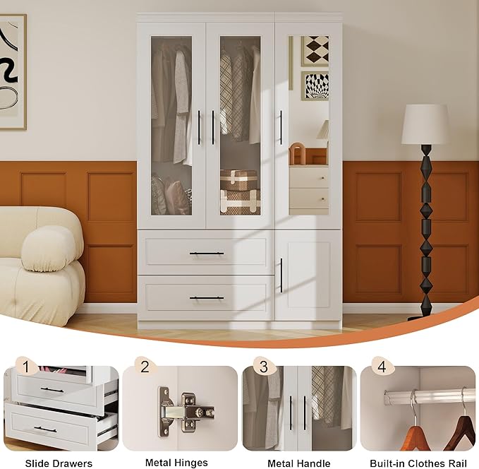 Armoire Wardrobe Closet with Mirror, 3 Door White Wood Wardrobe Closet Wooden Bedroom Armoire 2 Drawer with Hanging Rods for Home/Bedroom/Living Room White-50+51