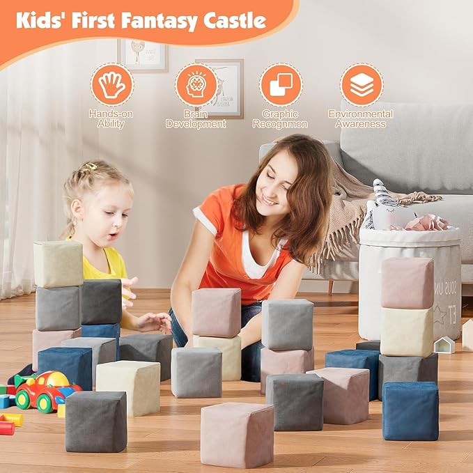 24 PCS Modular Kids Play Block Couch Child Sectional Soft Sofa Toddler Building Fortplay Climbing Bedroom Playroom Baby Convertible Floor Foam Cushion for Boys & Girls (24pcs+Square)