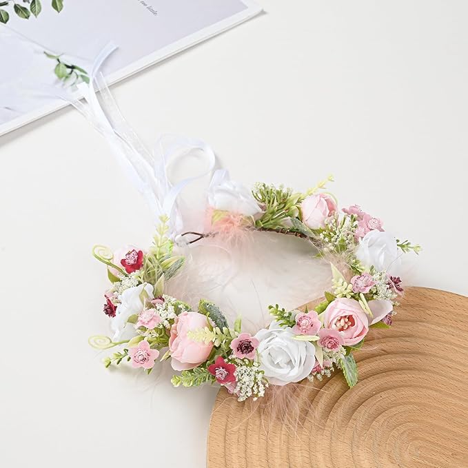 Baby Girls Flower Crown Flower Girl Headpiece Boho Little Wreaths for Weddings, Family Photography (Burgundy Pink)