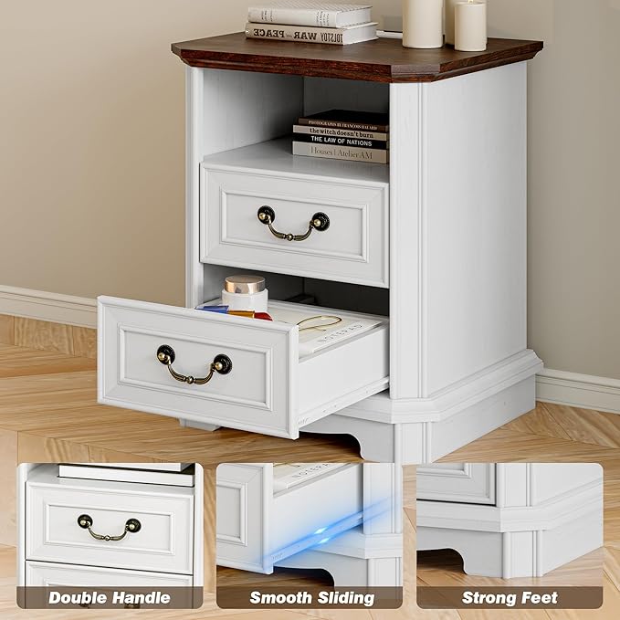 Farmhouse Nightstand with Charging Station, 18" Side Table with 2 Storage Drawers, Rustic Wood Night Stand with Metal Handle, Wooden Bedside End Table Small Dresser for Bedroom, Living Room, White