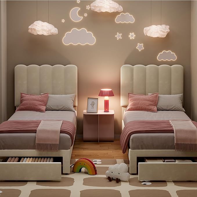 IDEALHOUSE Twin Bed Frame with Storage Drawer and Headboard, Velvet Upholstered Twin Platform Bed Frame for Girls, Strong Wooden Slats Support, Noise-Free, Easy Assembly (Beige)
