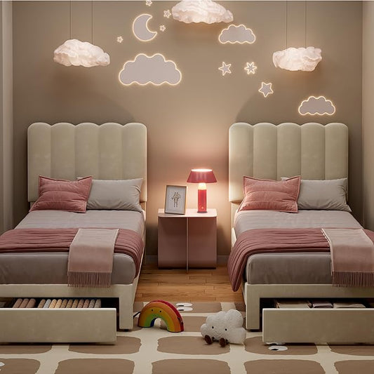 GarveeHome 2 Sets Twin Bed Frame with Under-Bed Drawer, Upholstered Platform Bed with Wave Headboard for Kids/Girls, Wooden Slats Support, No Box Spring Needed, Velvet Beige