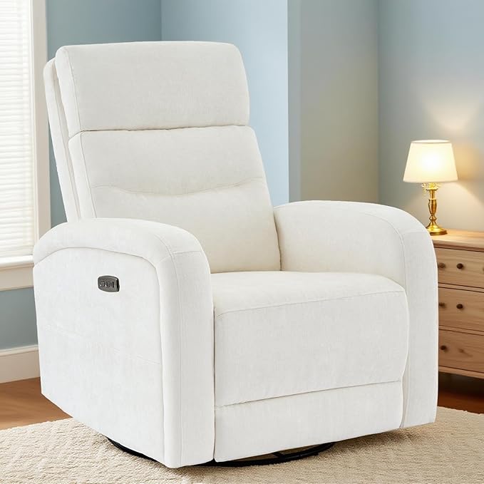 Power Glider Recliner Nursery Rocking Chairs with USB, Electric Swivel Rocker Glider Chair for Living Room, Upholstered Recliner Chairs for Bedroom, Bedroom, Chenille White
