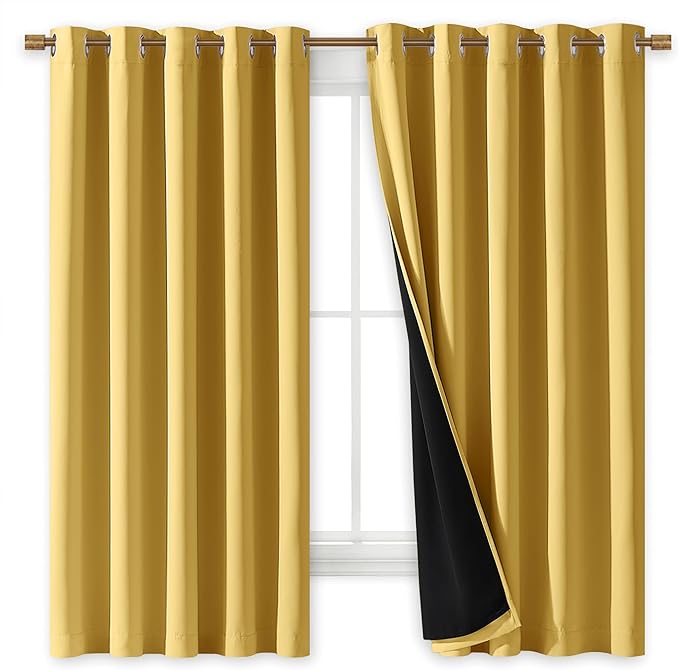 NICETOWN 100% Blackout Curtains with Black Liners, Thermal Insulated Full Blackout 2-Layer Lined Drapes, Energy Efficiency Window Drapes for Bedroom (Bright Yellow, 2 Panels, 70-inch W by 63-inch L)