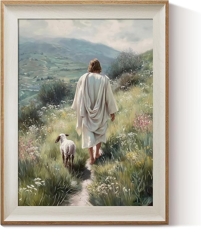 ARPEOTCY Framed Canvas Wall Art, 12x16 Inch Jesus and Lamb Christian Wall Decor, Religious Artwork of The Good Shepherd for Living Room, Bedroom, or Prayer Room