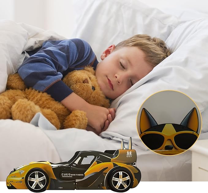 Twin Bed Frames for Kids, Cartoon Dog Race Car Bed Wooden Platform Bed Frame with LED Lights, Twin Size Chidren Bed Frame with Wood Slat Support, Fits Standard Mattres (Black Yellow)