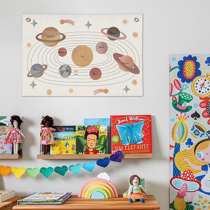 Solar System for Kids, Space Nursery Decor, Space Themed Party Decorations, Solar System Linen Canvas Banner Wall Hanging Flag Decor for Playroom 20x30