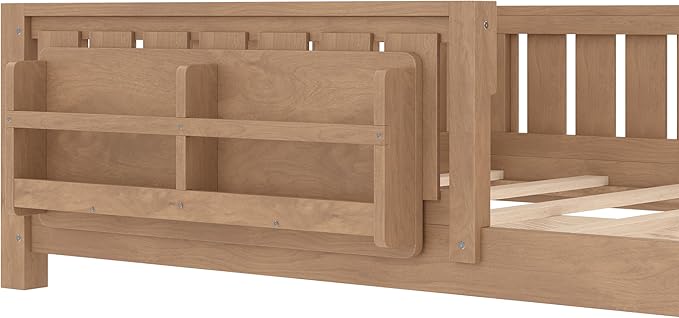Bellemave Full Size Floor Bed with high Rails and with Built-in Bookshelf for Kids, Girls, Boys, Wood Montessori Floor Bed Without Door, Natural