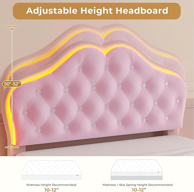 ADORNEVE Twin Size Upholstered LED Bed Frame, Girls Bed with Adjustable Crystal Button Headboard, Velvet Princess Platform Bed for Girls, Solid Wooden Slats, Easy Assembly, Pink