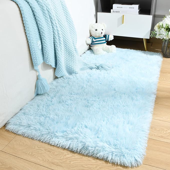 Merelax Fluffy Rug Shaggy Area Rug, Baby Blue 2x4 Area Rugs for Bedroom, Small Kids Bedside Rug, Soft Shaggy Entryway Throw Rugs for Living Room Bedroom Nursery Room Home Decor Aesthetic