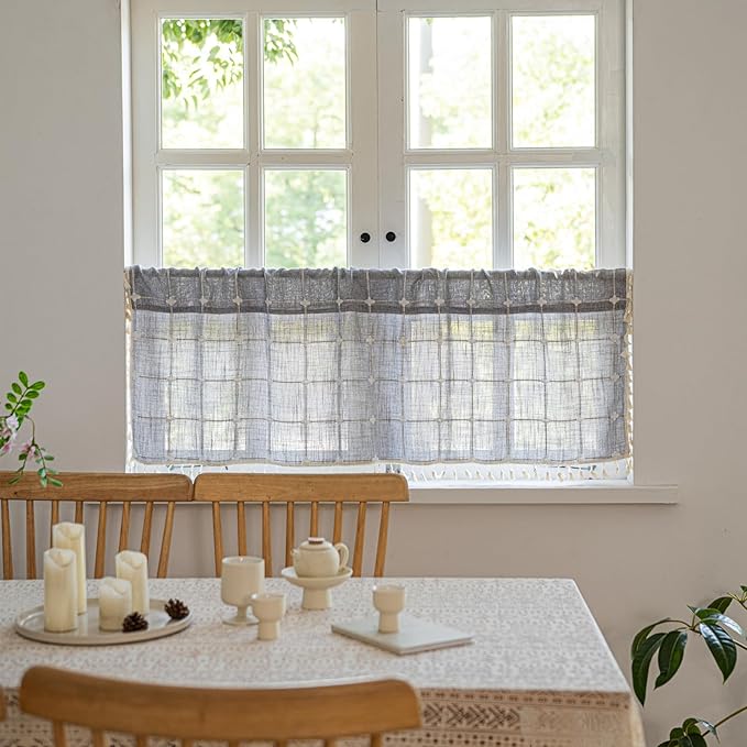 Deeprove Boho Curtain Valance18 Inches Long for Kitchen Cafe Closet, Cotton Linen Gray Plaids Embroidered Short Bohemian Farmhouse Window Treatment Grids Drape Tassels, 1 Panel W52 x L18 Grey