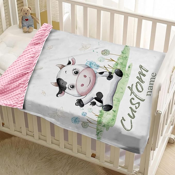 Personalized Baby Blankets for Boys Girls, Custom Name Cows Theme Baby Blanket, Soft Receiving Blanket for Newborns and Toddlers, Ideal for Baby Showers and Nursery Decor