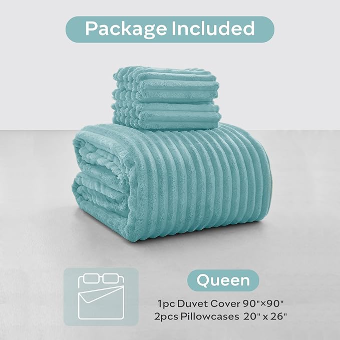 JELLYMONI Plush Duvet Cover Set - Queen Size Baby Blue Striped Fluffy Comforter Cover 3pcs Bedding Set Luxury Ultra Soft Faux Fur Duvet Cover with Zipper and 2 Pillowcases (NO Comforter)