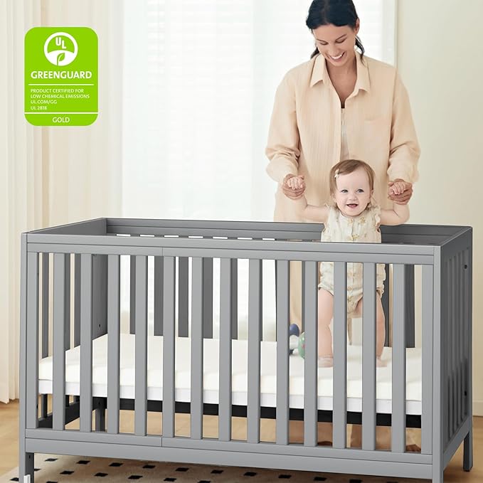 MAMAZING EvoNest Baby Crib, 11 in 1 Convertible Mini Crib with Wheels, 100% New Zealand Wood Growing Bed, 4 Adjustable Mattress Height,Grey