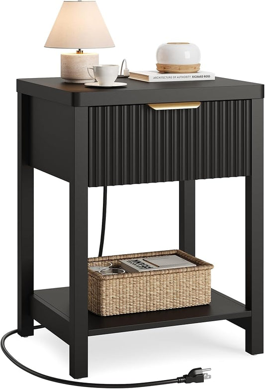 Lulive Modern Black Night Stand, Fluted Nightstand with Charging Station, Wood Modern Bedside End Table with Storage Drawer for Bedroom, Save Space (Set of 1, Black)