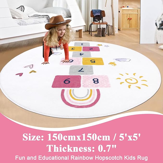 HiiARug Hopscotch Kids Rug Round 5Ft Fun and Educational Playroom Rug Soft Durable Rainbow Floor Carpet Kid’s Play Mat for Bedroom, Playroom, Nursery, Gift for Girls & Boys(Colorful)