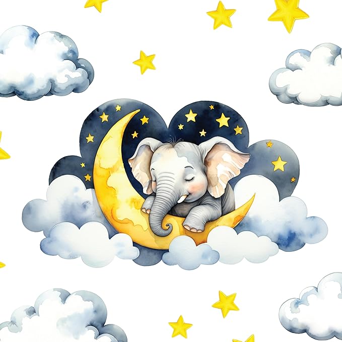 Boho Nursery Wall Decals - Dreamy Watercolor Elephant Sleeping on Cloud | Multi-Piece Set with Clouds, Moon & Stars | Removable Fabric Wall Art for Kids Room