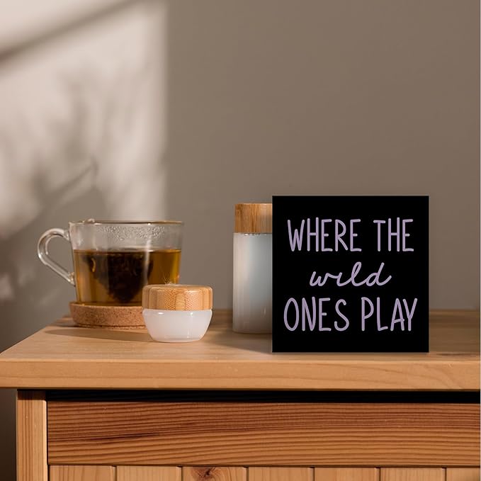 Where The Wild Ones Play Black Purple Wood Box Sign Desk Decor 5X5, Nursery Kids Room Wooden Block Sign Decorations for Playroom Toddler Room Wall Tabletop Shelf Decor