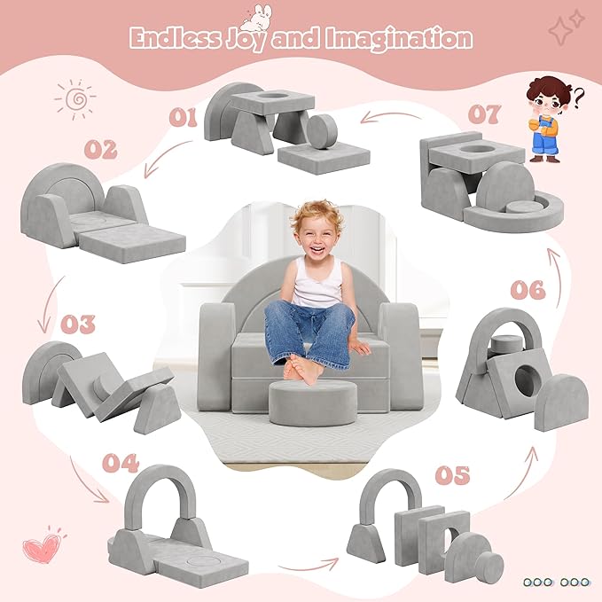 7 PCS Modular Kids Play Block Couch Child Sectional Sofa Toddler Building Fortplay Bedroom Playroom Baby Convertible Floor Foam Cushion for Boys & Girls (Light Gray-Single)
