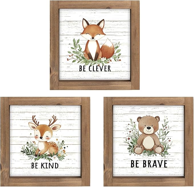 3 Piece Woodland Nursery Wall Decor, Wooden Forest Animal Bear Fox Deer Sign Nursery Art, Nature Jungle Safari Theme Baby Shower Decorations for Home Table Top Shelf Desk Classroom Bathroom