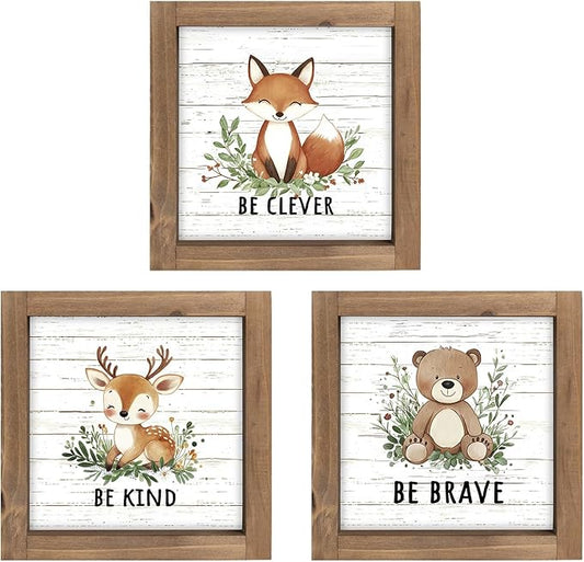3 Piece Woodland Nursery Wall Decor, Wooden Forest Animal Bear Fox Deer Sign Nursery Art, Nature Jungle Safari Theme Baby Shower Decorations for Home Table Top Shelf Desk Classroom Bathroom