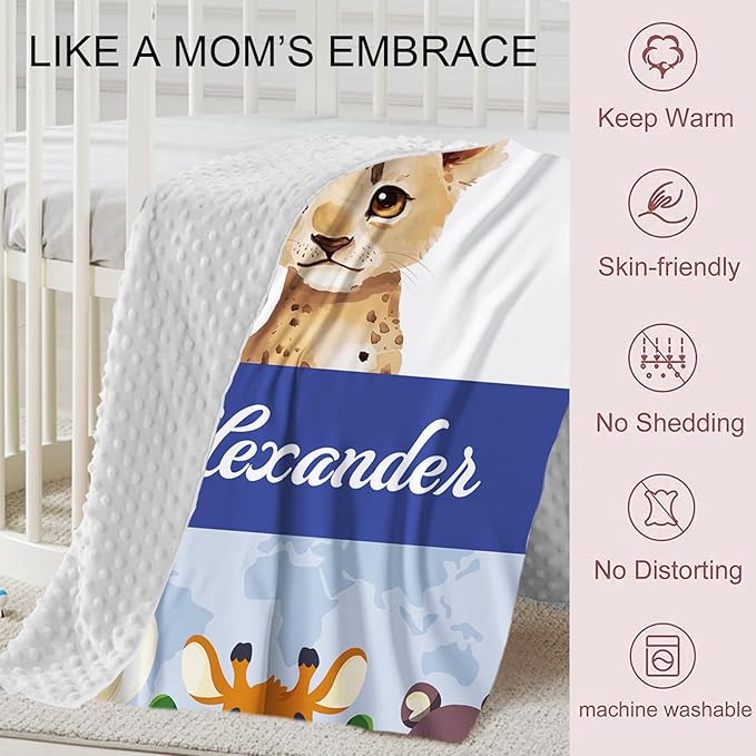 Personalized Crib Bedding Set for Boys Girls, Custom Baby Crib Sets with Name, Blue Leopard Design Nursery Bedding 2 Piece - Soft Blanket with Double Layer Dotted Backing, Crib Fitted Sheet