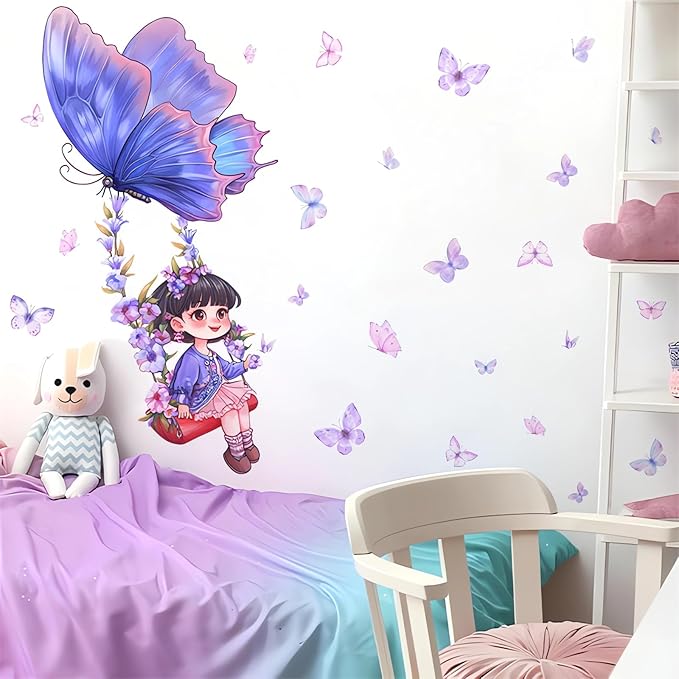 Purple Girl Butterfly Swing Wall Stickers, Cartoon Wall Decals Removable Vinyl Peel and Stick Kids Baby Children Nursery Bedroom Toddler Room Kindergarten Art Home Decorations