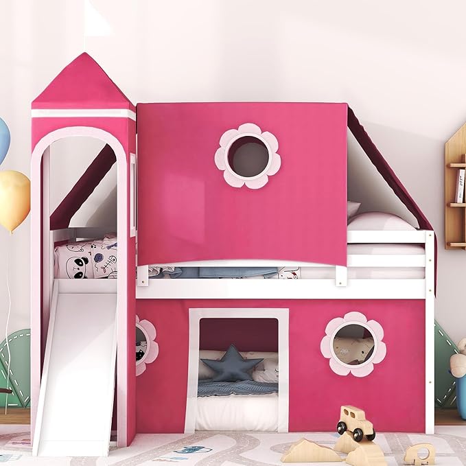 Twin Size Low Loft Bed House Bed with Slide & Tent and Tower, Playhouse Design Solid Wood Tent Bed Frame for Kids Boys Girls, Versatile Spacious Under Bed Space with Curtains (Pink-FT)