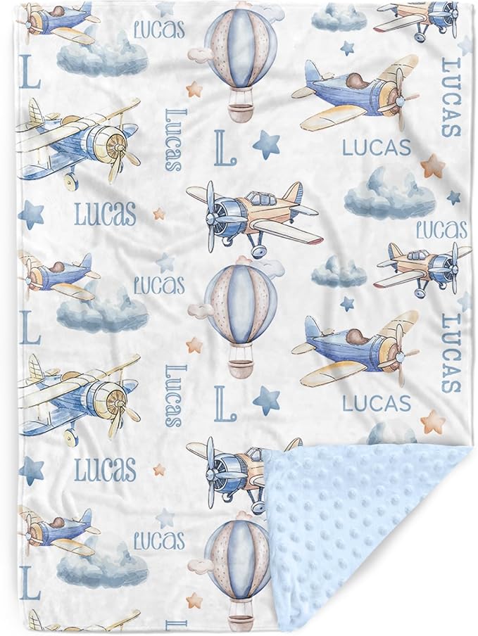 Personalized Baby Blankets for Boys Girls, Custom Name Baby Blanket with Toy Airplane Design, Soft Receiving Blanket for Newborns and Toddlers, Ideal for Baby Showers and Nursery Decor