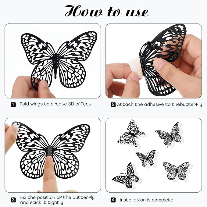 3D Butterfly Wall Decor 3 Sizes 4 Styles Butterfly Party Decorations Cake Decorations Removable Stickers Wall Halloween Decor Room Mural Metallic Kids (Black, 48Pcs)
