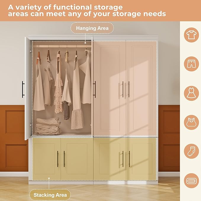 White Armoire Wardrobe Closet Cabinet: 4 Door Wood Wardrobe Closet Combination Cabinet Wooden Bedroom Armoire with Hanging Rods for Home/Bedroom/Living Room