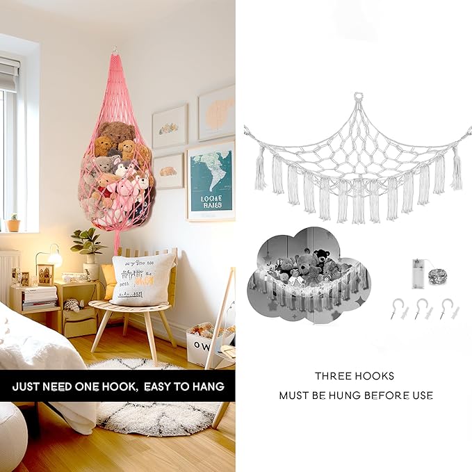 Stuffed Animal Net or Hammock Corner Hanging Net for Stuffy Animal Storage Macrame Toy Display Plush Toy Holder Wall Pet Net for Nursery Kid Bedroom Decor Playroom Organizer (Pink XL)