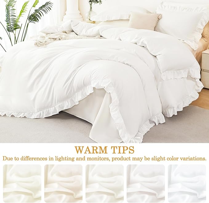 White Ruffle Bedding Cover Set for Girls Full Size Duvet Cover Set 3 Pieces Ruffled Bed Cover for Kids Teens Soft Microfiber Comforter Cover Sets with 2 Pillowcases(White, Full)